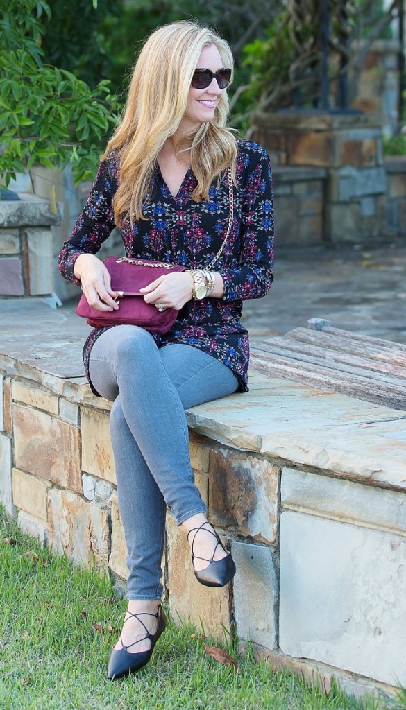 black tunic with merlot purse and lace up flats