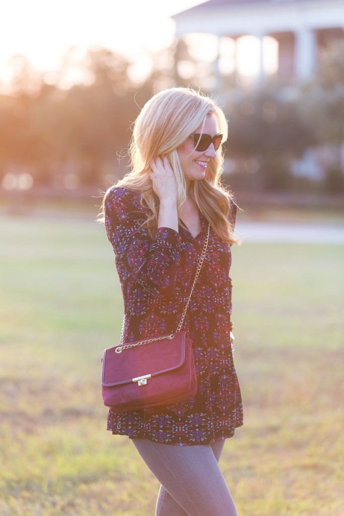 Black Tunic and Merlot Purse with lace up black flats