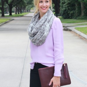 Purple shirt with black jeans and merlot accessories