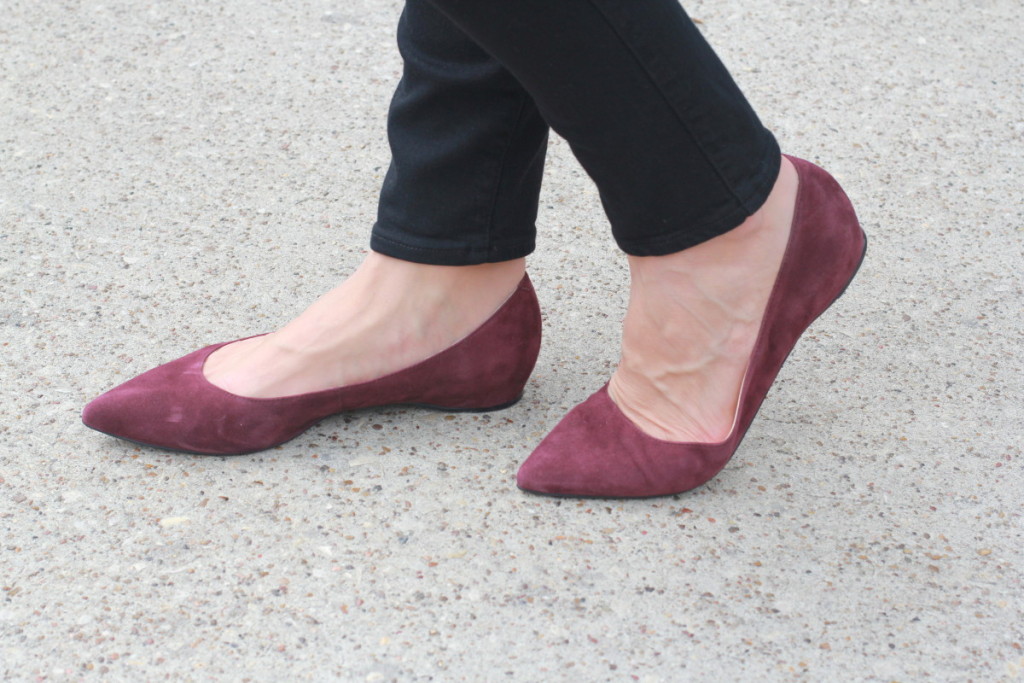 Purple shirt with black jeans and merlot accessories