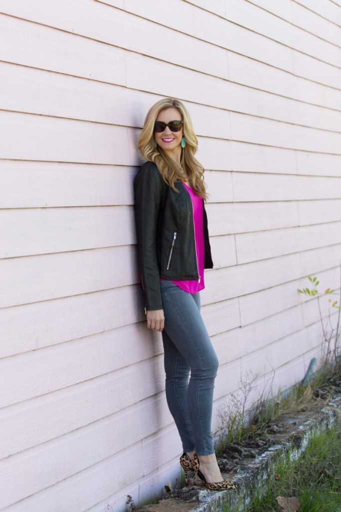 Pink Top and Leather Jacket