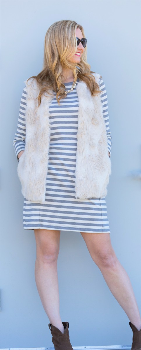 stripe dress and faux fur vest
