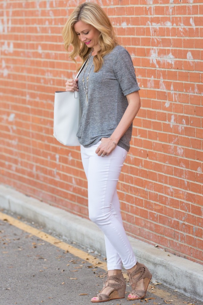 gray tshirt and white jeans