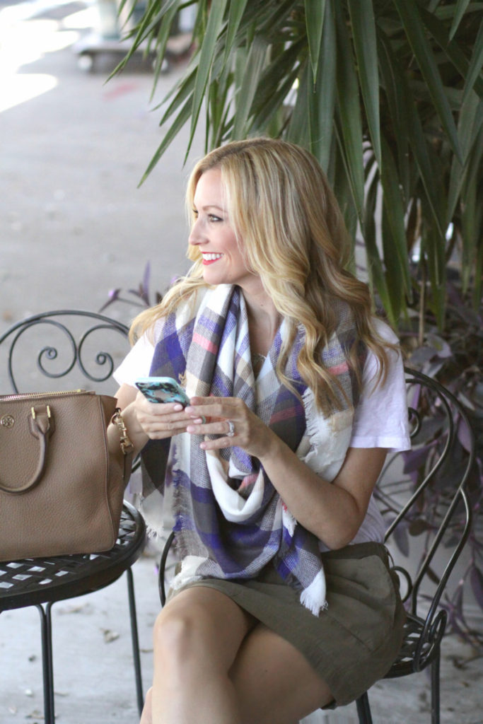 olive skirt and blanket scarf