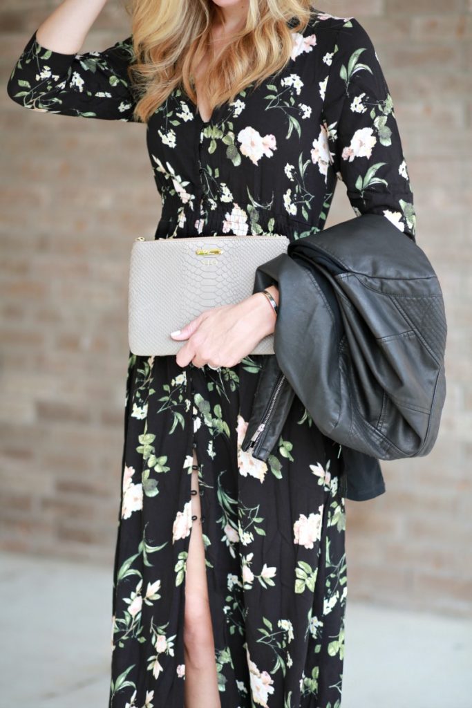 Floral dress and leather jacket