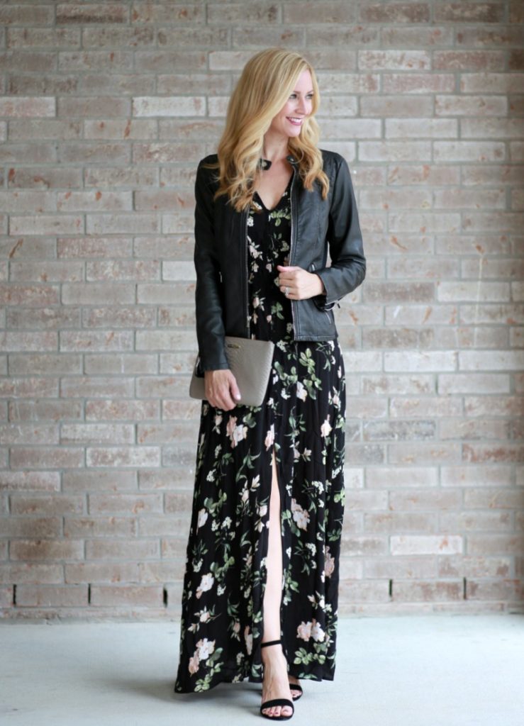 Floral dress and leather jacket