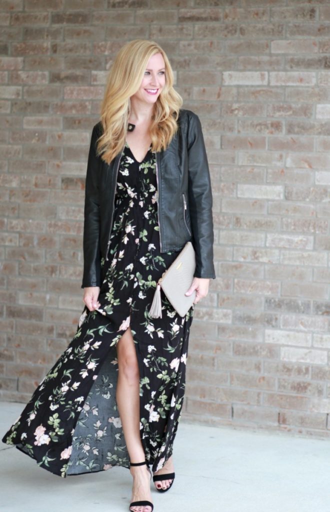 Floral dress and leather jacket