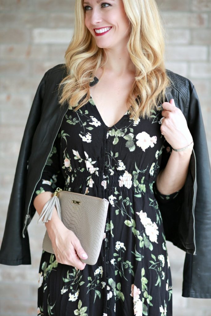 Floral dress and leather jacket