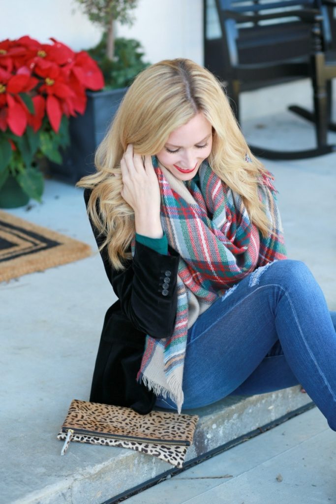 velvet blazer plaid scarf