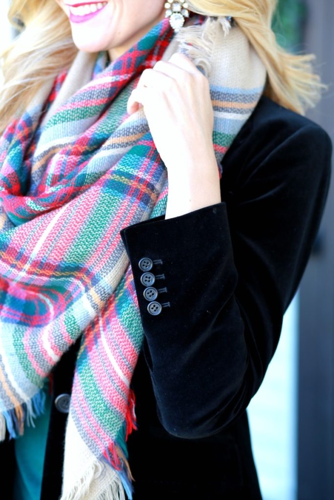 velvet blazer plaid scarf