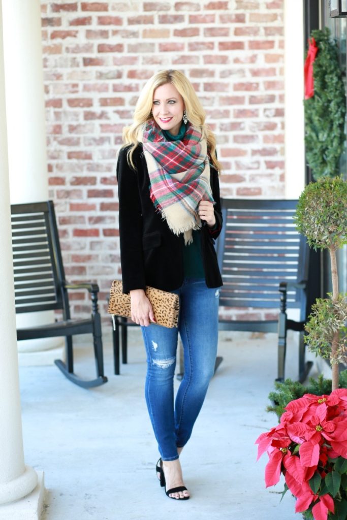 velvet blazer plaid scarf