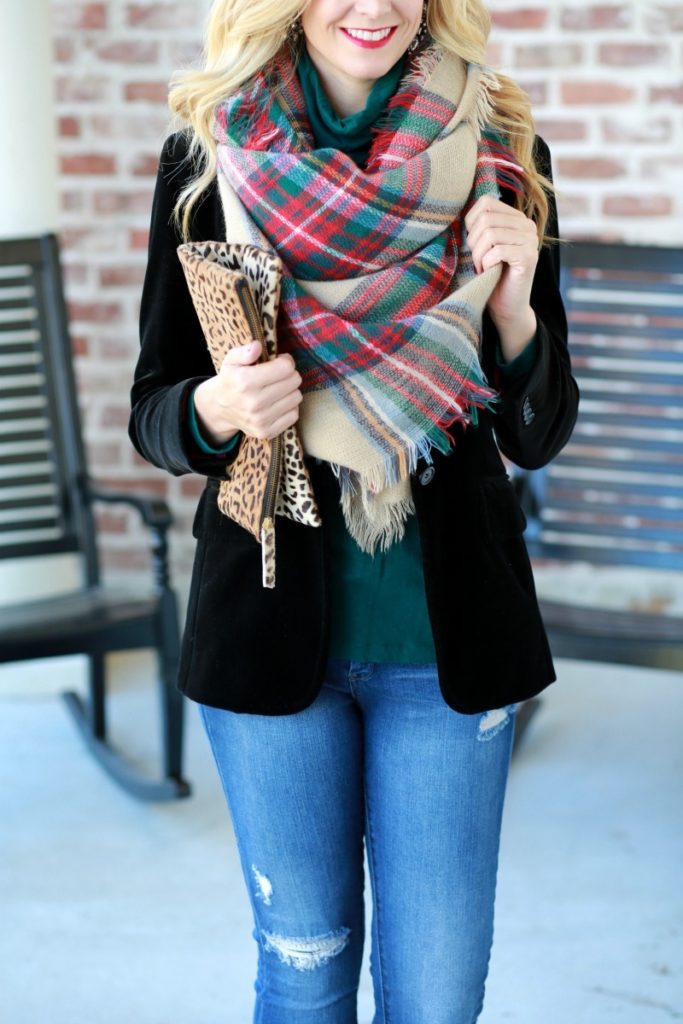 velvet blazer plaid scarf