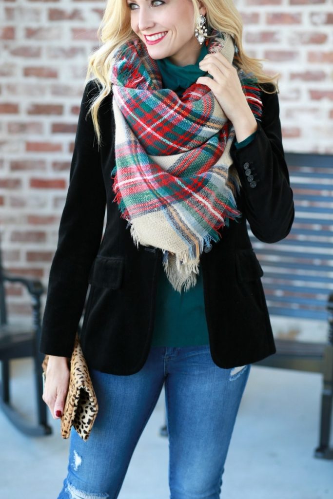 velvet blazer plaid scarf