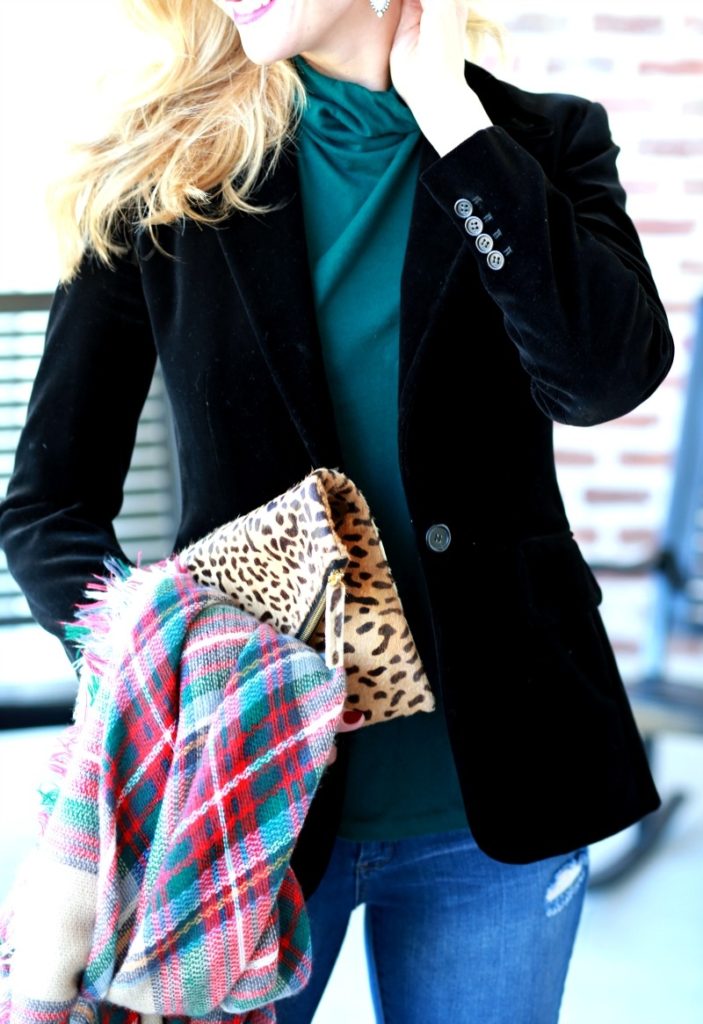 velvet blazer plaid scarf