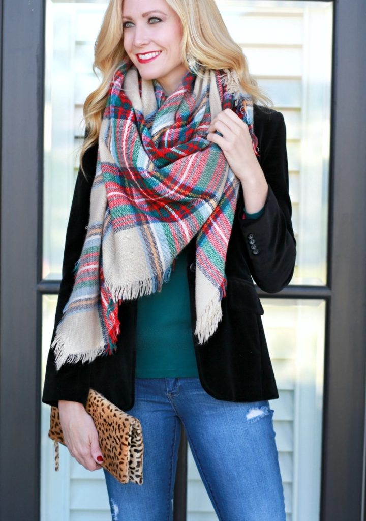 velvet blazer plaid scarf