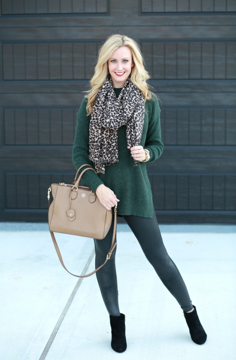 Faux Leather Leggings with Long Green Sweater and Gift Guide for Men Haute Humid