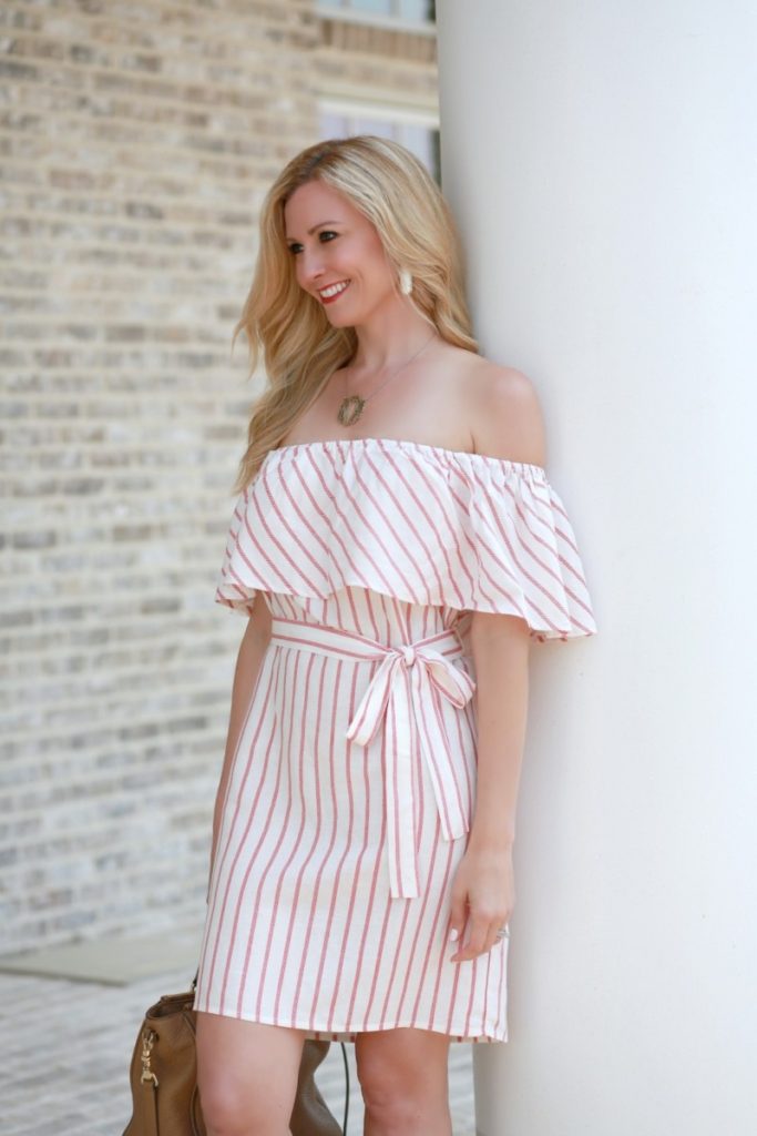 Striped Off The Shoulder Dress by fashion blogger Sara of Haute & Humid