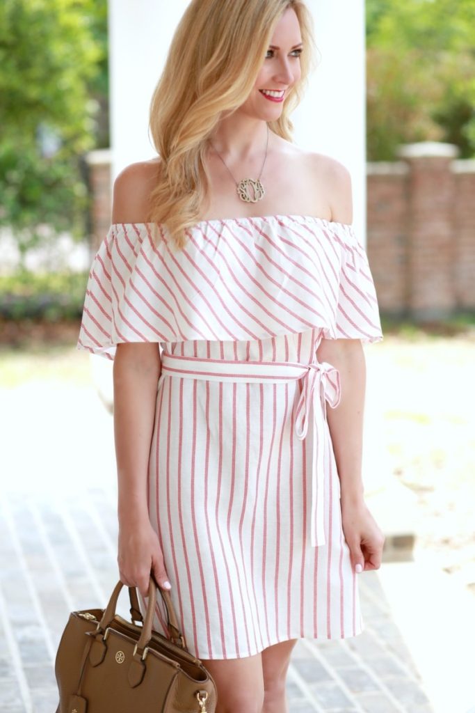 Striped Off The Shoulder Dress by fashion blogger Sara of Haute & Humid