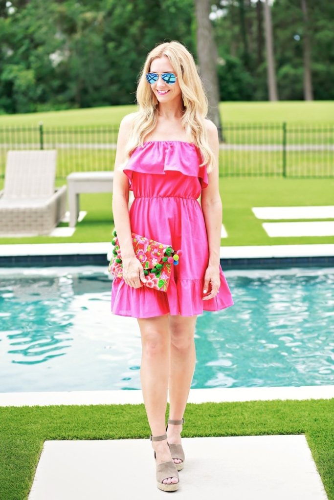 Pink Strapless Dress With Ruffles by Houston fashion blogger Sara of Haute & Humid