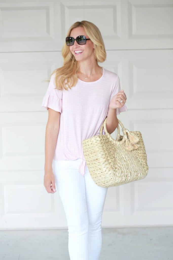 Pink & Striped Ruffle Sleeve Top by Houston fashion blogger Sara of Haute & Humid