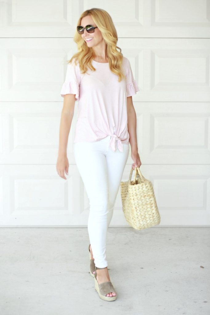 Pink & Striped Ruffle Sleeve Top by Houston fashion blogger Sara of Haute & Humid