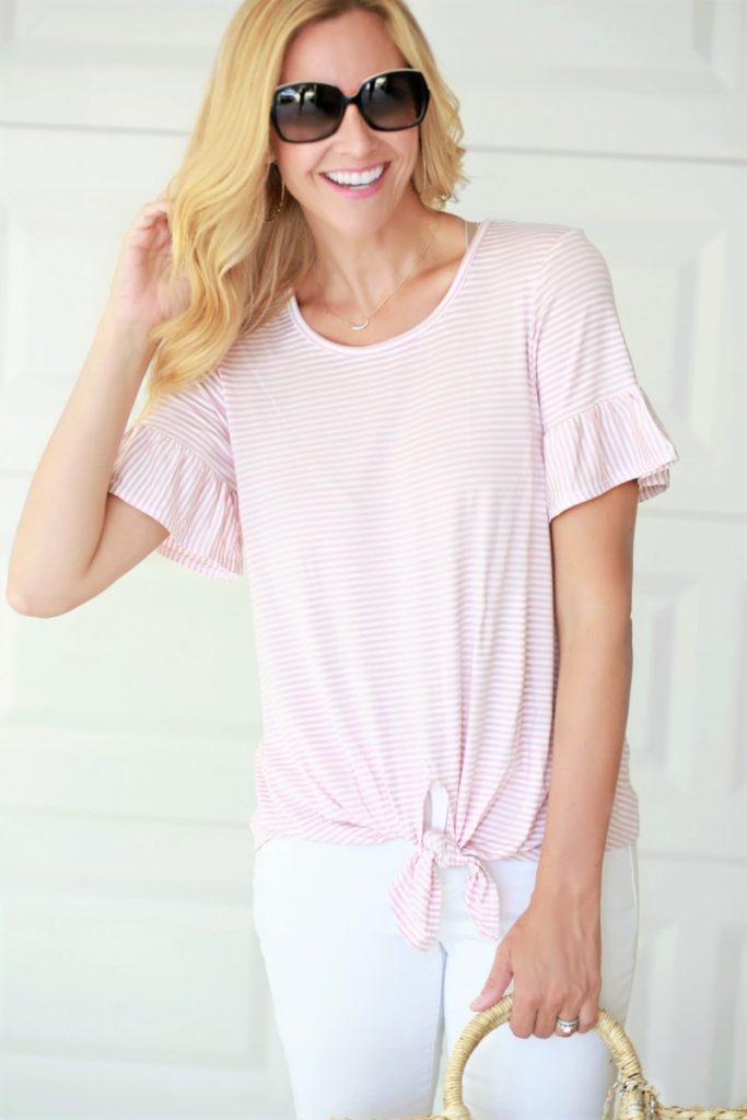 Pink & Striped Ruffle Sleeve Top by Houston fashion blogger Sara of Haute & Humid