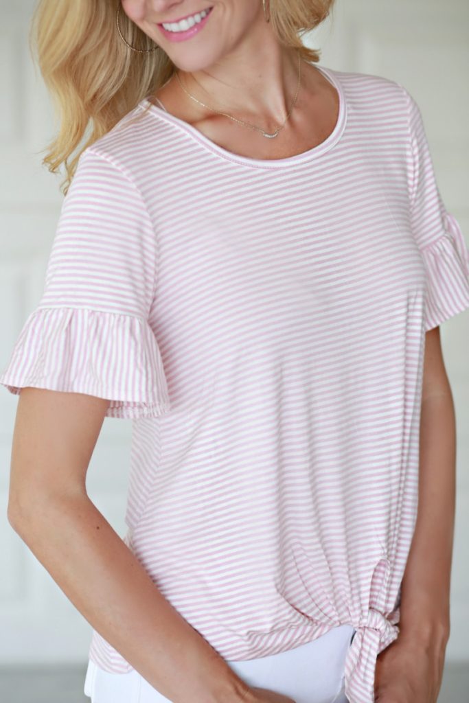 Pink & Striped Ruffle Sleeve Top by Houston fashion blogger Sara of Haute & Humid