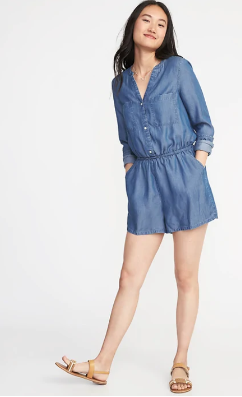 chambray romper - 7 Fall Rompers Under $100 featured by popular Houston fashion blogger Haute & Humid