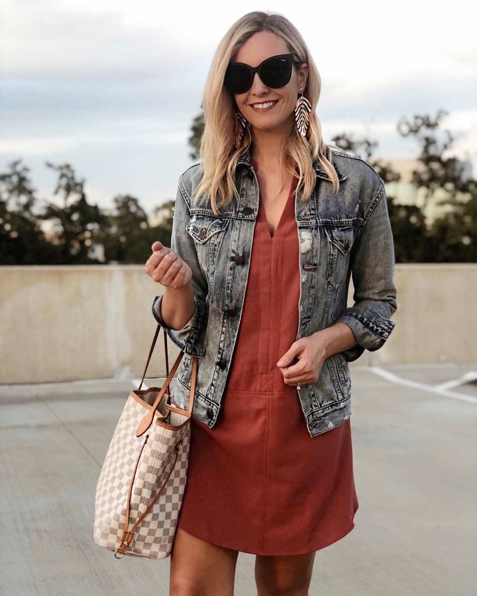 casual fall dress | 18 Cute Fall Dresses Under $100 by popular Houston fashion blog, Haute and Humid: image of a woman wearing a Nordstrom Hailey Crepe Dress, Able THE MERLY JACKET, Nordstrom Quay Australia It's My Way 55mm Sunglasses, LOUIS VUITTON Damier Azur Neverfull MM, and Kendra Scott Lotus Statement Earrings.