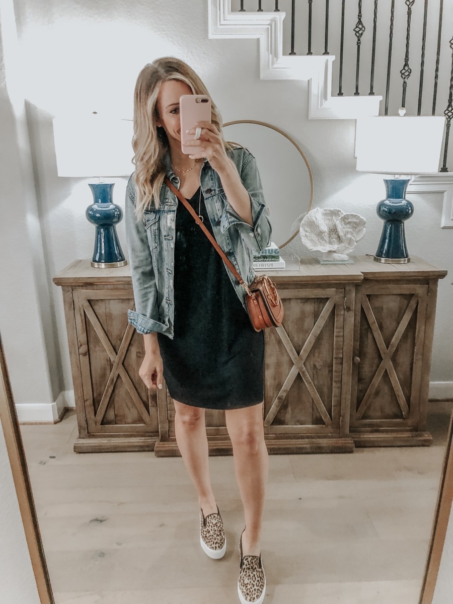Amazon Favorites featured by top US fashion blog Haute & Humid; Image of a woman wearing Amazon Black Jersey Dress, Crescent Necklace- Gold layered necklaces and leopard sneakers.