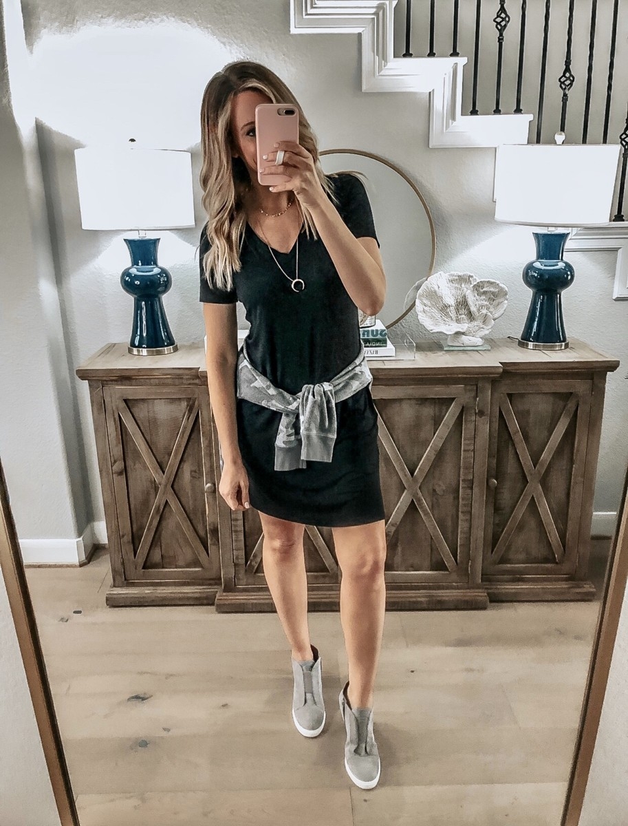 amazon dress | 18 Cute Fall Dresses Under $100 by popular Houston fashion blog, Haute and Humid: image of a woman wearing a Amazon Brand - Daily Ritual Women's Jersey Short-Sleeve V-Neck T-Shirt Dress and Nordstrom Linea Paolo Felicia Wedge Bootie.