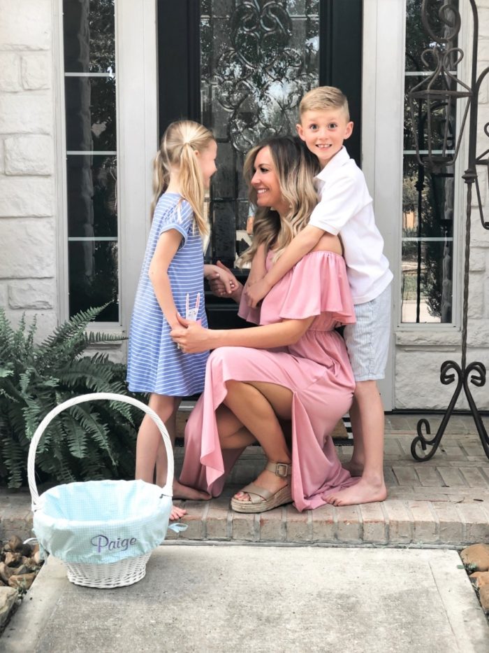 Easter Basket Ideas | 50+ Ideas for Non-Candy Easter Baskets featured by top US life and style blog, Haute & Humid; Image of woman with children; image of a woman wearing an Amazon maxi dress, Sole/Society shoes, BaubleBar earrings, Amazon seersucker short, Target striped girls dress and pottery barn baskets