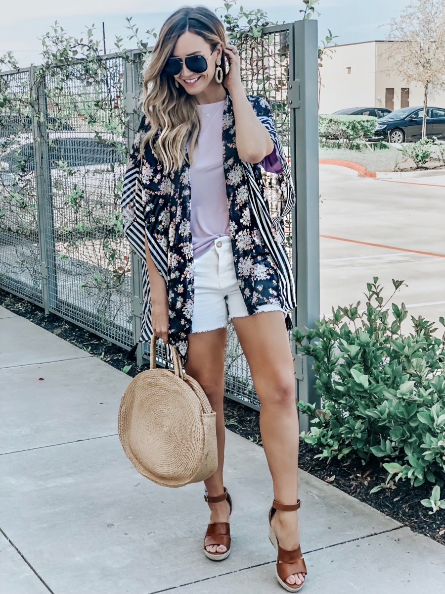 Spring Wardrobe featured by top US fashion blog Haute & Humid; Image of a woman wearing a kimono and white denim shorts from Walmart.