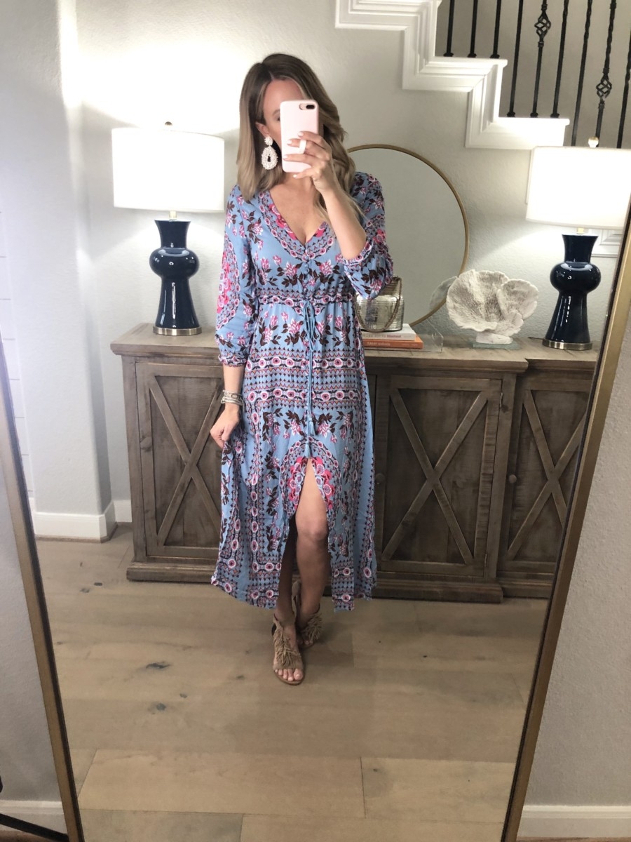 Spring Favorites featured by top US fashion blog Haute & Humid; Image of a woman wearing Amazon maxi dress, Sole Society sandals, Amazon straw bag and Amazon earrings.