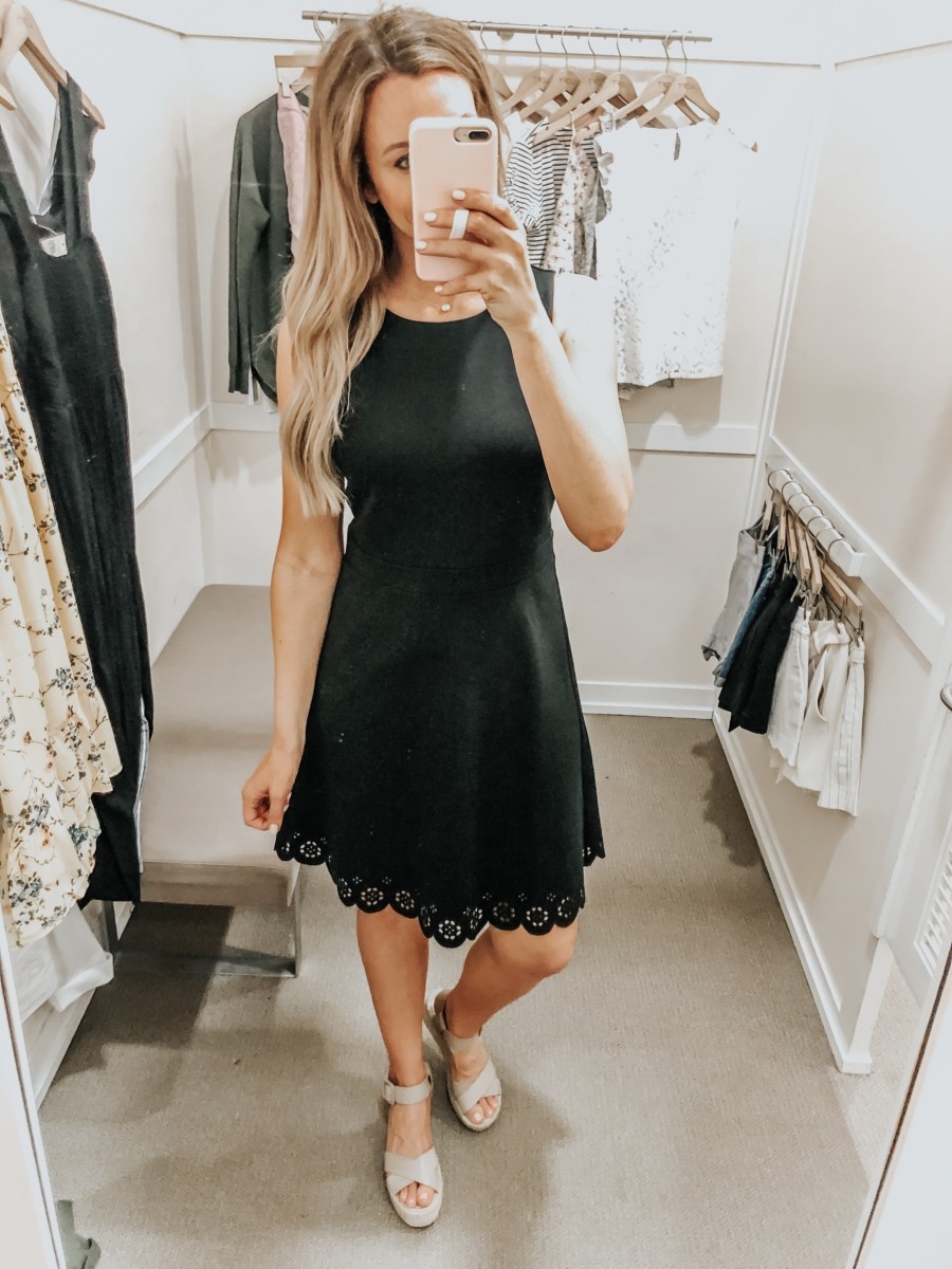 little black dress | LOFT Favorites: Spring Dressing Room Try-On Session featured by top US fashion blog, Haute & Humid; image of woman wearing a LOFT eyelet trim dress