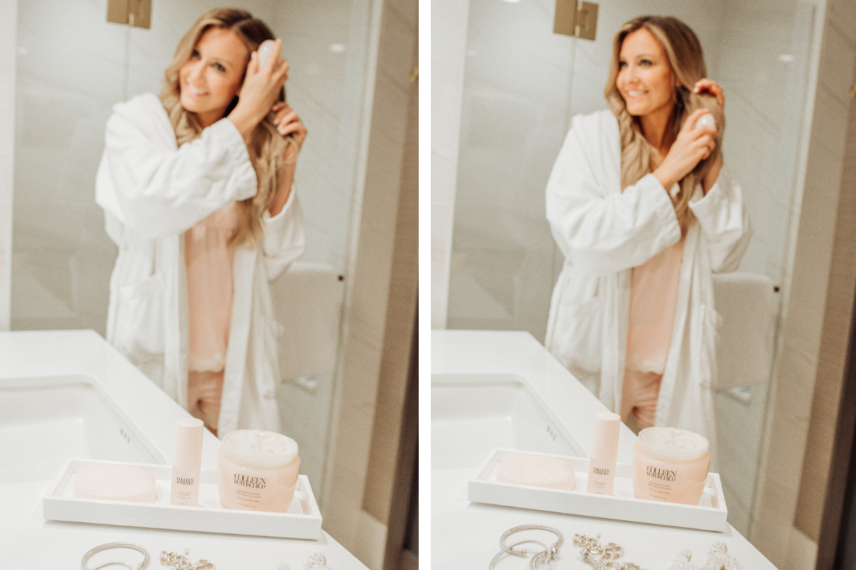 Healthy Shiny Hair featured by top US beauty blog Haute & Humid; Image of a woman in her bathroom.
