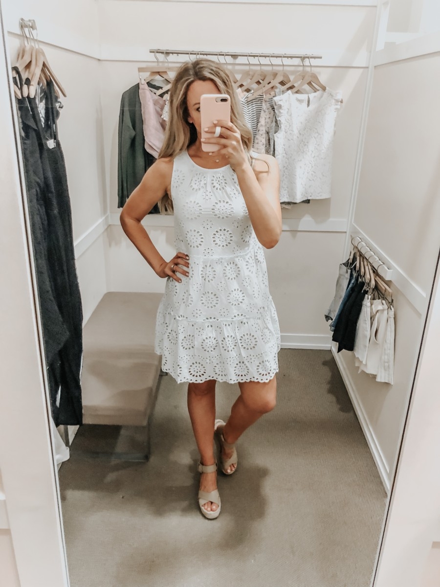 eyelet dress | LOFT Favorites: Spring Dressing Room Try-On Session featured by top US fashion blog, Haute & Humid; image of woman wearing a LOFT eyelet shift dress