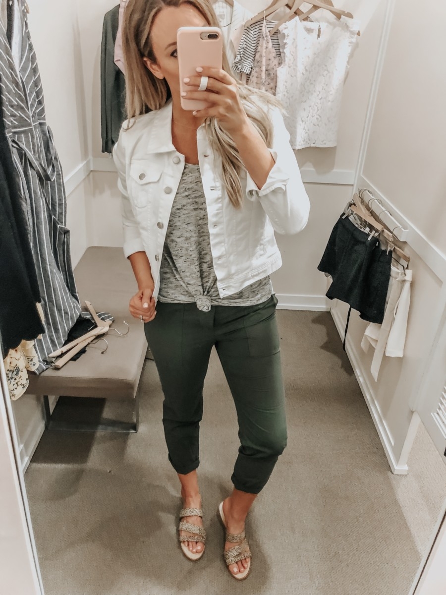 white denim jacket | LOFT Favorites: Spring Dressing Room Try-On Session featured by top US fashion blog, Haute & Humid; image of woman wearing a LOFT white denim jacket, grey tank, utility pants and Sole/Society sandals
