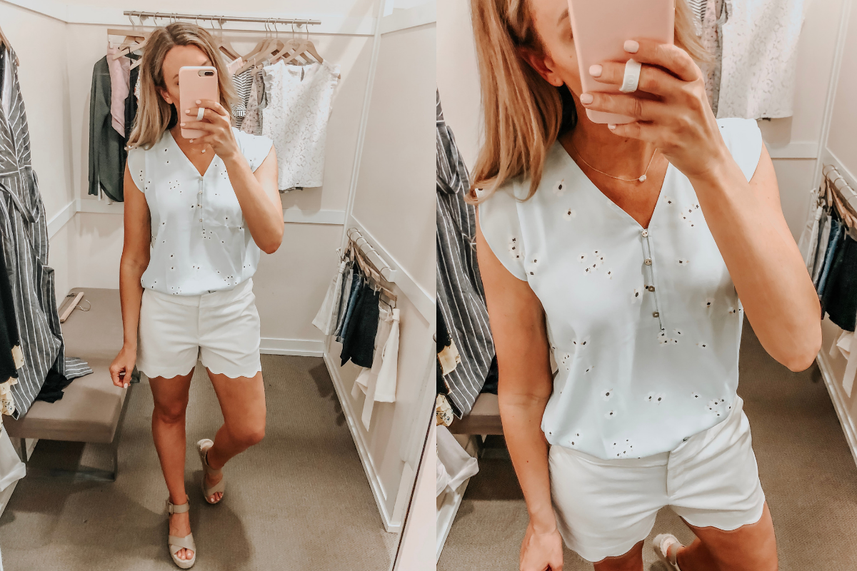 spring top | LOFT Favorites: Spring Dressing Room Try-On Session featured by top US fashion blog, Haute & Humid; image of woman wearing a LOFT floral top and scallop shorts