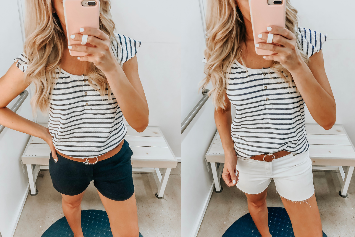 Best Memorial Day Weekend Sales featured by top US fashion blog Haute & Humid; Image of a woman wearing Old Navy striped top.