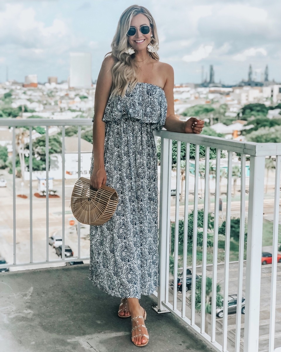 Baby Shower Food Ideas featured by top US life and style blog Haute & Humid; Image of a woman wearing Amazon maxi dress, Amazon handbag, Jessica Simpson sandals and Amazon earrings.