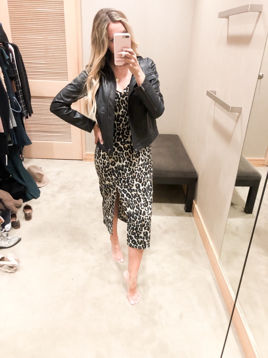 leopard dress | Nordstrom Anniversary Sale Early Access 2019- Best Of Basics by popular Houston fashion blog, Haute and Humid: image of woman in a Nordstrom dressing room wearing a Midi Slipdress by BP.