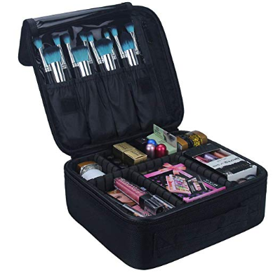 makeup case | Amazon Prime Day 2019 by popular Houston life and style blog, Haute and Humid: image of a open Travel Makeup Train Case Makeup Cosmetic Case Organizer Portable Artist Storage Bag 10.3'' with Adjustable Dividers for Cosmetics Makeup Brushes Toiletry Jewelry Digital accessories Black with makeup brushes and makeup products inside. 
