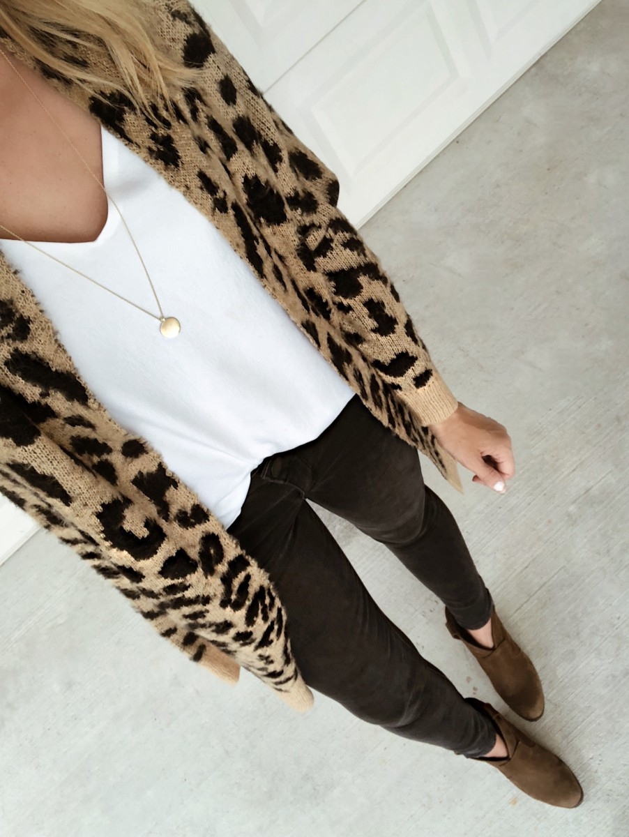 leopard cardigan | Nordstrom Anniversary Sale Favorites by popular Houston fashion blog, Haute and Humid: image of a woman wearing a Long Leopard Jacquard Cardigan by BP., Lace Trim Satin Camisole Top by BP., and Ab-solution Skinny Ankle Jeans by WIT & WISDOM.