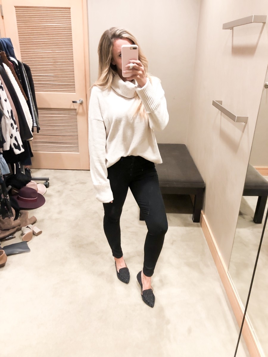 nordstrom anniversary sale | Nordstrom Anniversary Sale Favorites by popular Houston fashion blog, Haute and Humid: image of a woman standing in a dressing room and wearing Chelsea28 Slouchy Sweater, Feather Studded Loafer by STEVE MADDEN, and Ab-solution Skinny Ankle Jeans by WIT & WISDOM 