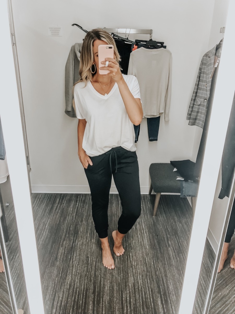 zella joggers | Nordstrom Anniversary Sale Favorites by popular Houston fashion blog, Haute and Humid: image of a woman in dressing room wearing a pair of Live In Jogger Pants by ZELLA and a white Sleepy Lounge Tee by BP.