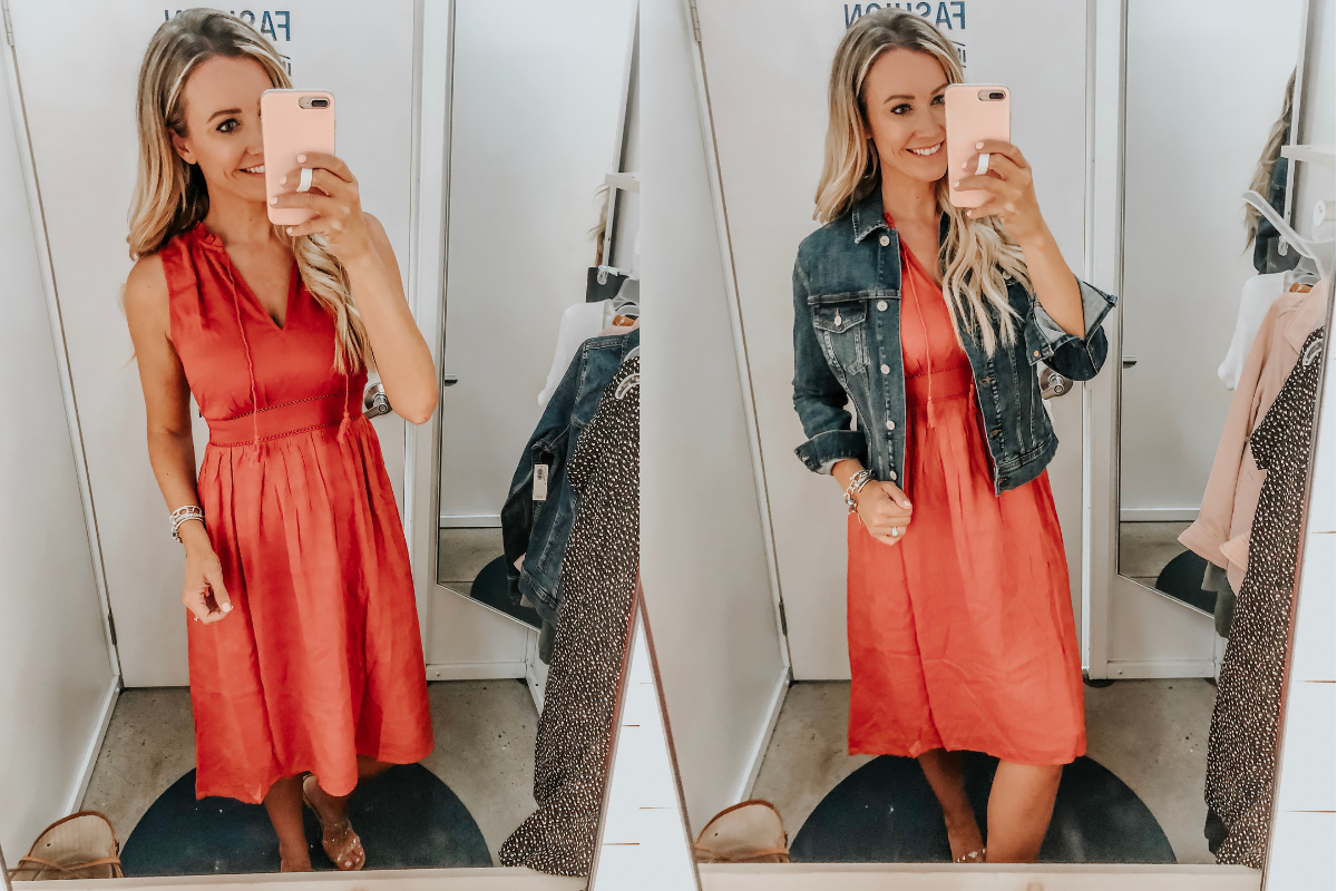 denim jacket | Old Navy Try On - August 2019 by popular Florida fashion blog, Haute and Humid: image of a woman standing in a Old Navy dressing room and wearing an Old Navy Jean Jacket and Old Navy Waist-Defined Ruffled Tie-Neck Midi.