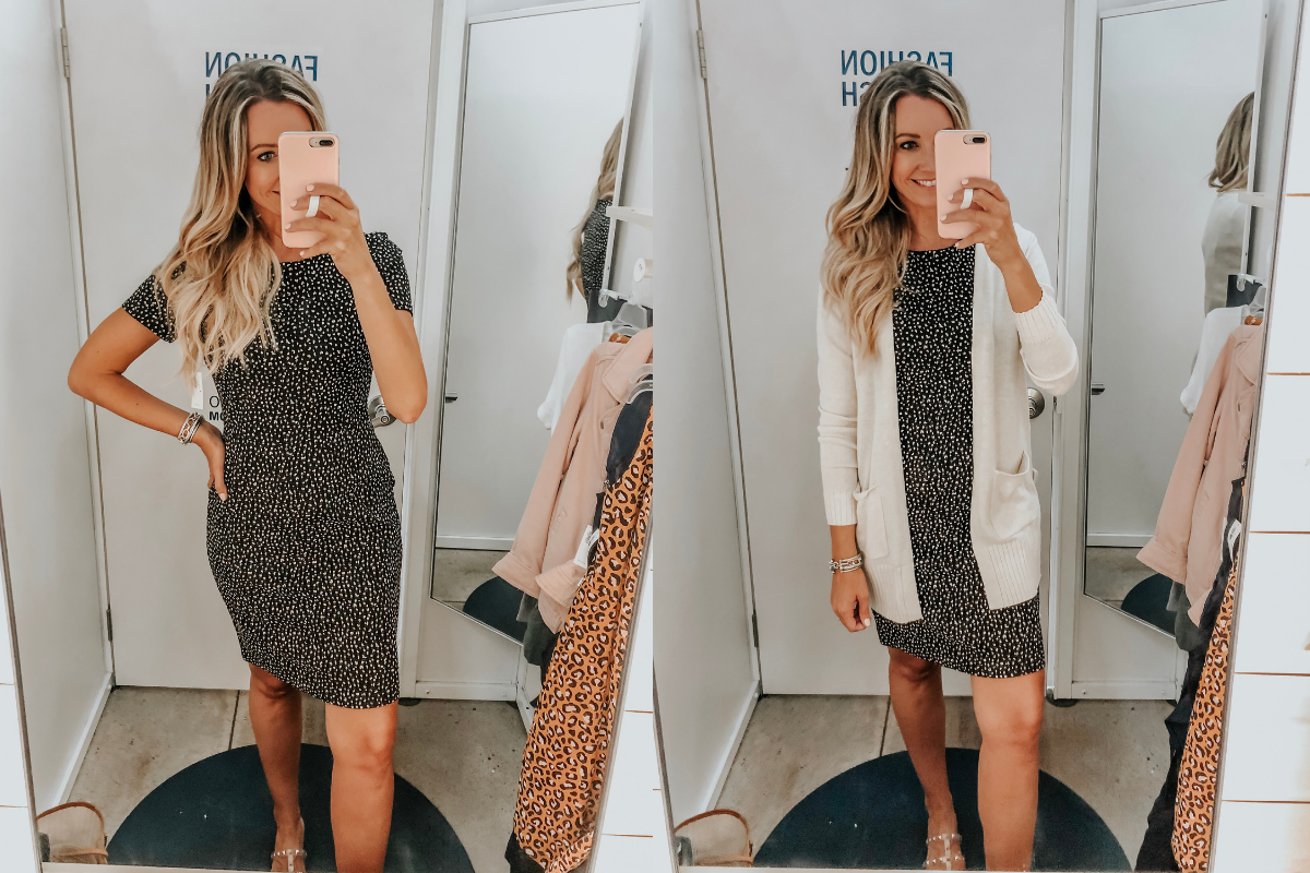 leopard dress | Old Navy Try On - August 2019 by popular Florida fashion blog, Haute and Humid: image of a woman standing in a Old Navy dressing room and wearing a Old Navy Printed Ponte-Knit Sheath Dress and cardigan.