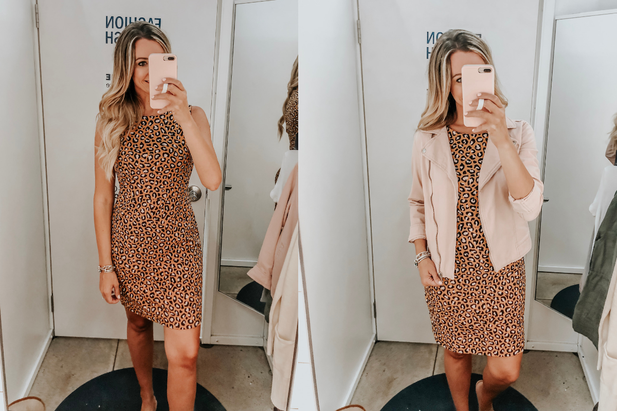 leopard dress | Old Navy Try On - August 2019 by popular Florida fashion blog, Haute and Humid: image of a woman standing in a Old Navy dressing room and wearing an Old Navy Printed Ponte-Knit Sheath Dress and Old Navy Twill Moto Jacket.
