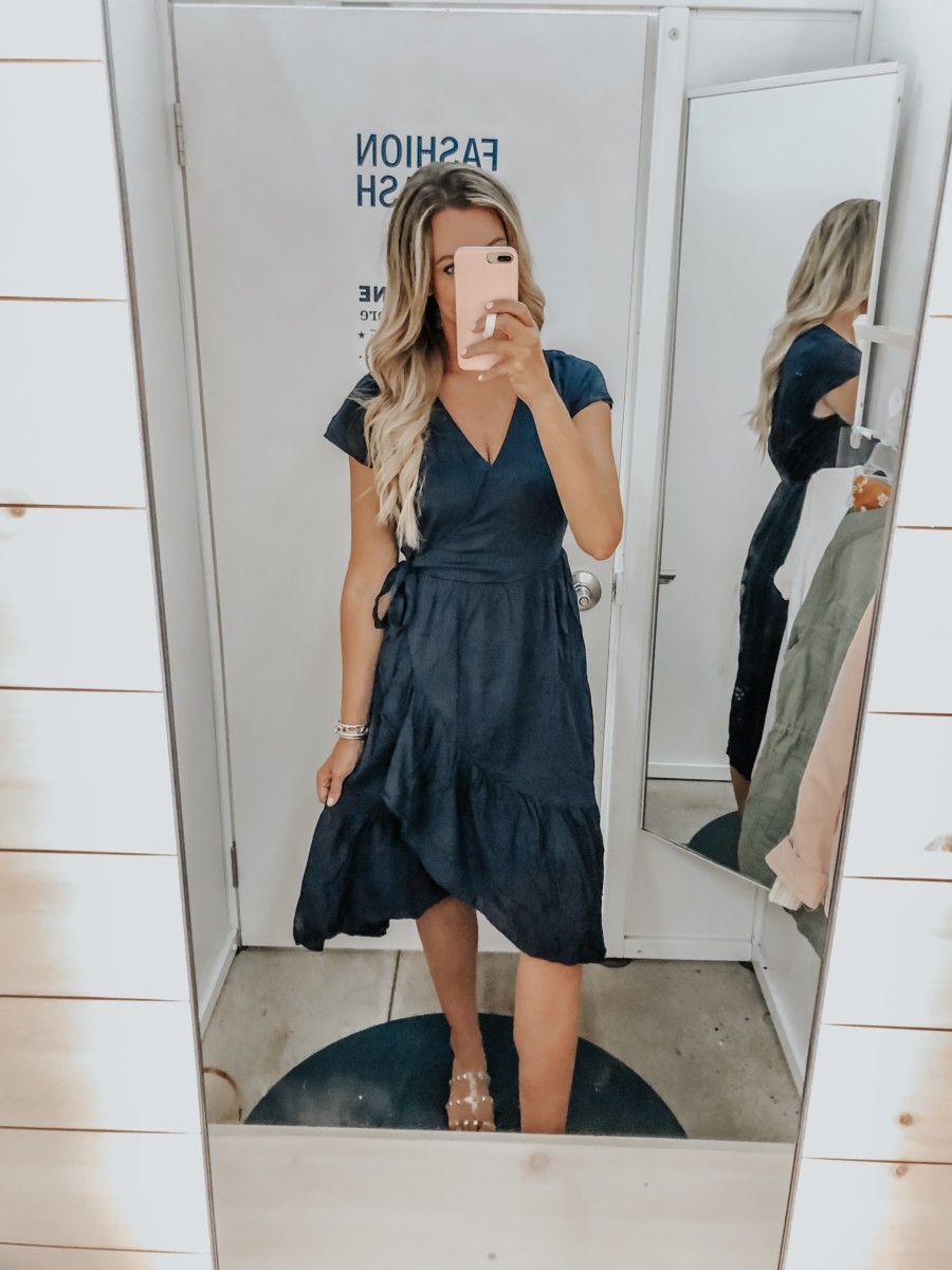 maxi dress | Old Navy Try On - August 2019 by popular Florida fashion blog, Haute and Humid: image of a woman standing in a Old Navy dressing room and wearing an Old Navy Waist-Defined Faux-Wrap Tiered-Hem Midi.